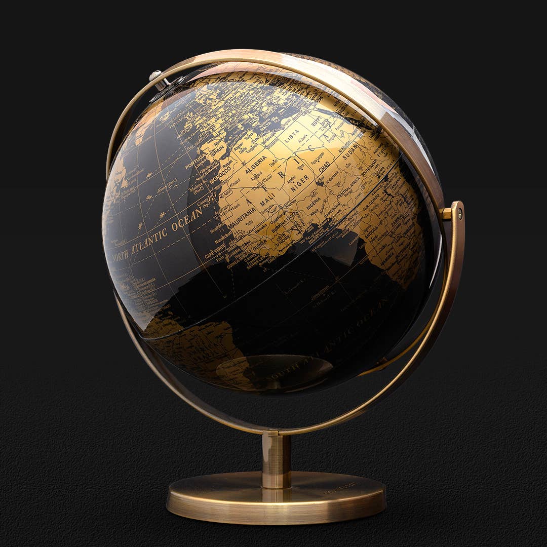 Introducing World Tour – the latest super-premium addition to our Iron &amp; Glory range. A 20cm black and gold double axis globe with a brushed metal frame and base. It’s a beauty!

Premium 20cm double-axis globe