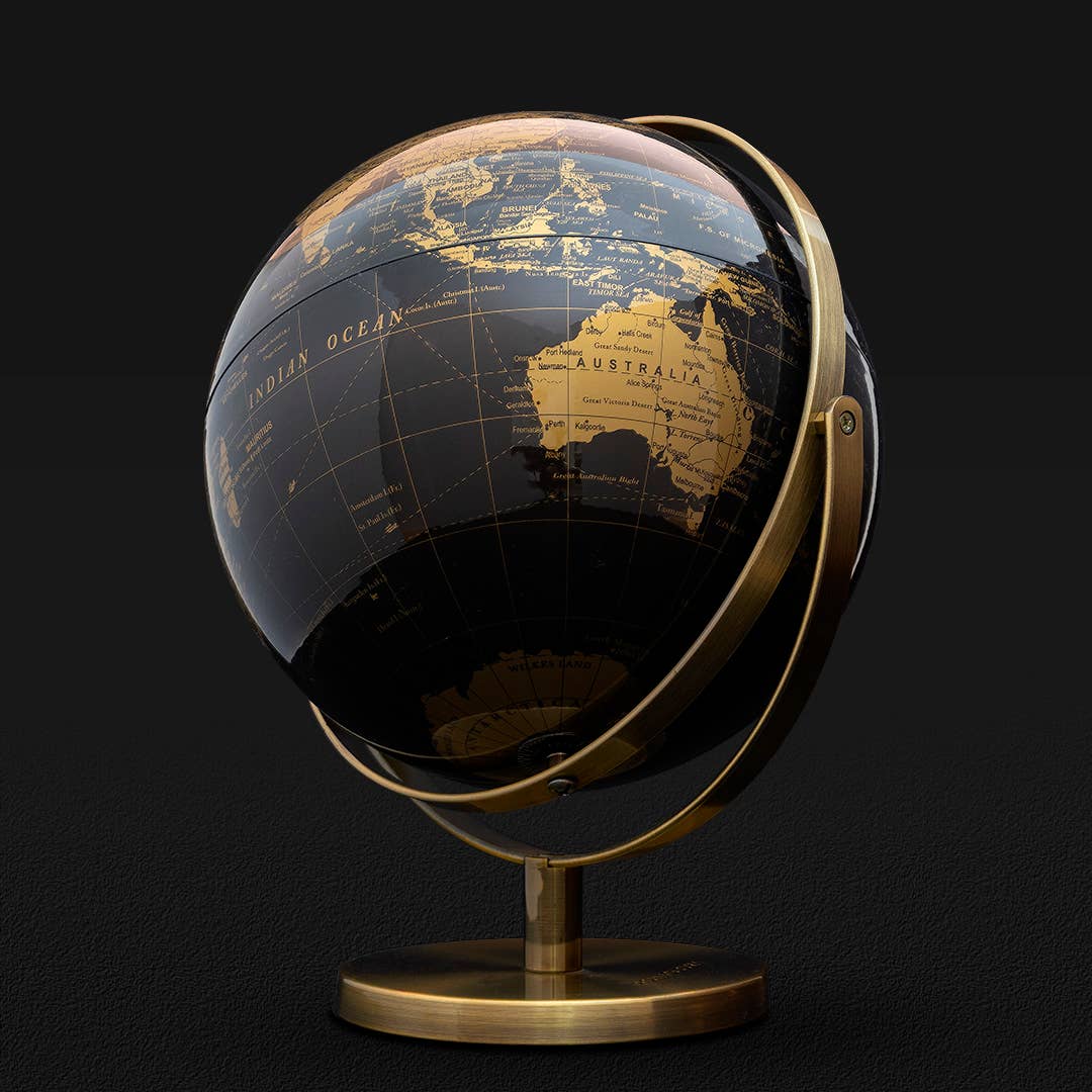 Introducing World Tour – the latest super-premium addition to our Iron &amp; Glory range. A 20cm black and gold double axis globe with a brushed metal frame and base. It’s a beauty!

Premium 20cm double-axis globe