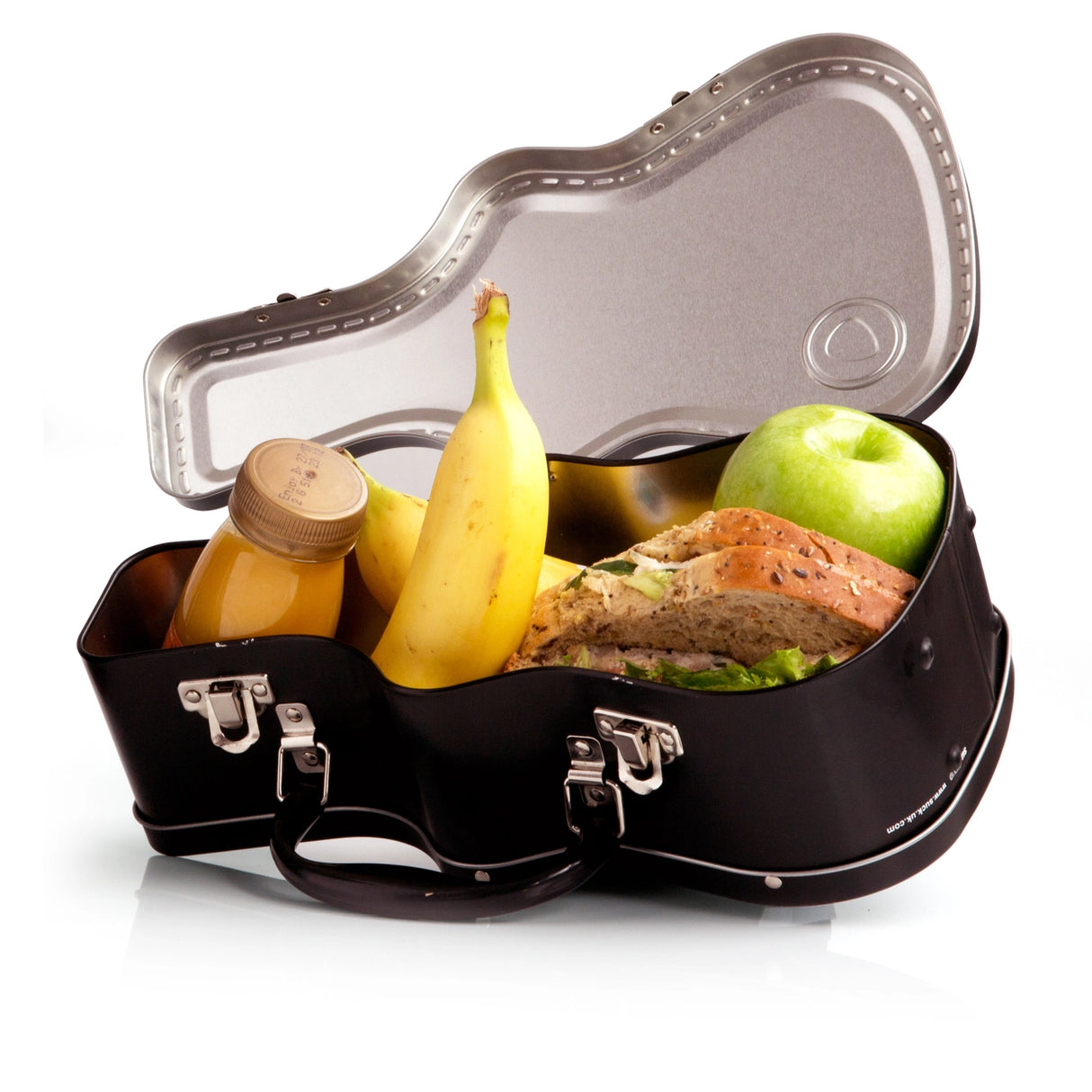 Lunch just got loud. This guitar-shaped tin lunchbox brings rock-n-roll attitude to school, work, or picnics. Keep sandwiches and snacks secure with a sturdy latch and carry handle, then personalise your case with the included set of stickers – just like a real tour pro. Made from durable, food-grade tin and designed to last, it’s the coolest way to carry your lunch on the road.