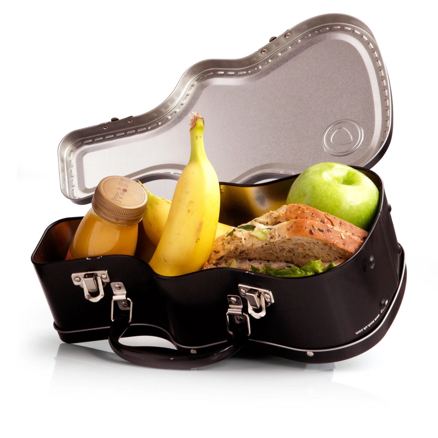 Lunch just got loud. This guitar-shaped tin lunchbox brings rock-n-roll attitude to school, work, or picnics. Keep sandwiches and snacks secure with a sturdy latch and carry handle, then personalise your case with the included set of stickers – just like a real tour pro. Made from durable, food-grade tin and designed to last, it’s the coolest way to carry your lunch on the road.
