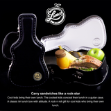 Lunch just got loud. This guitar-shaped tin lunchbox brings rock-n-roll attitude to school, work, or picnics. Keep sandwiches and snacks secure with a sturdy latch and carry handle, then personalise your case with the included set of stickers – just like a real tour pro. Made from durable, food-grade tin and designed to last, it’s the coolest way to carry your lunch on the road.