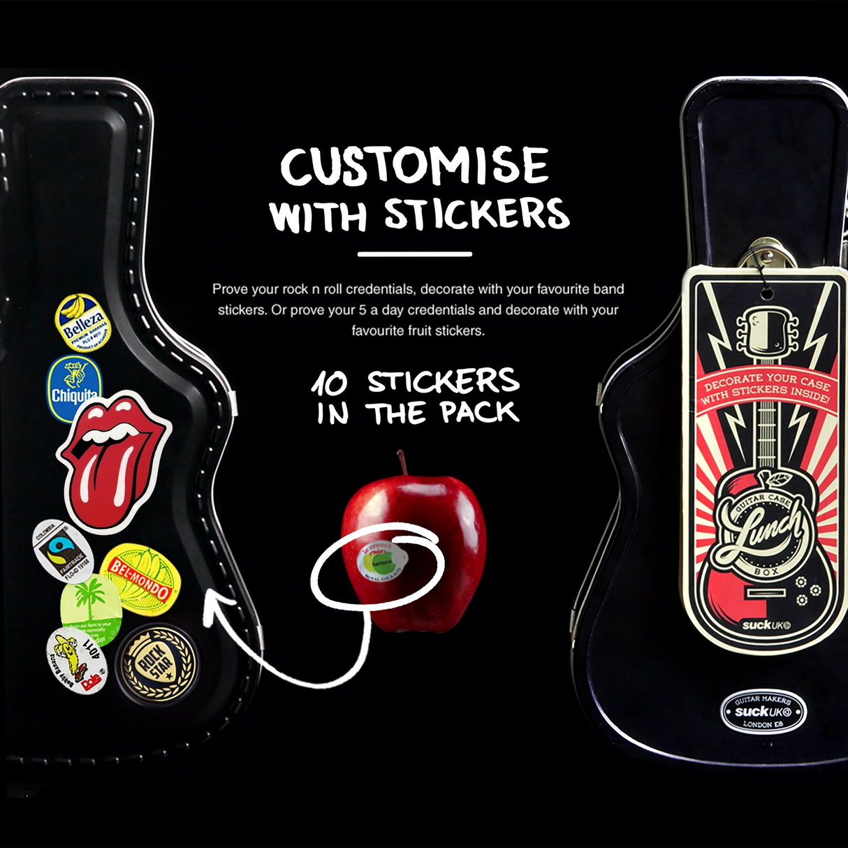 Lunch just got loud. This guitar-shaped tin lunchbox brings rock-n-roll attitude to school, work, or picnics. Keep sandwiches and snacks secure with a sturdy latch and carry handle, then personalise your case with the included set of stickers – just like a real tour pro. Made from durable, food-grade tin and designed to last, it’s the coolest way to carry your lunch on the road.