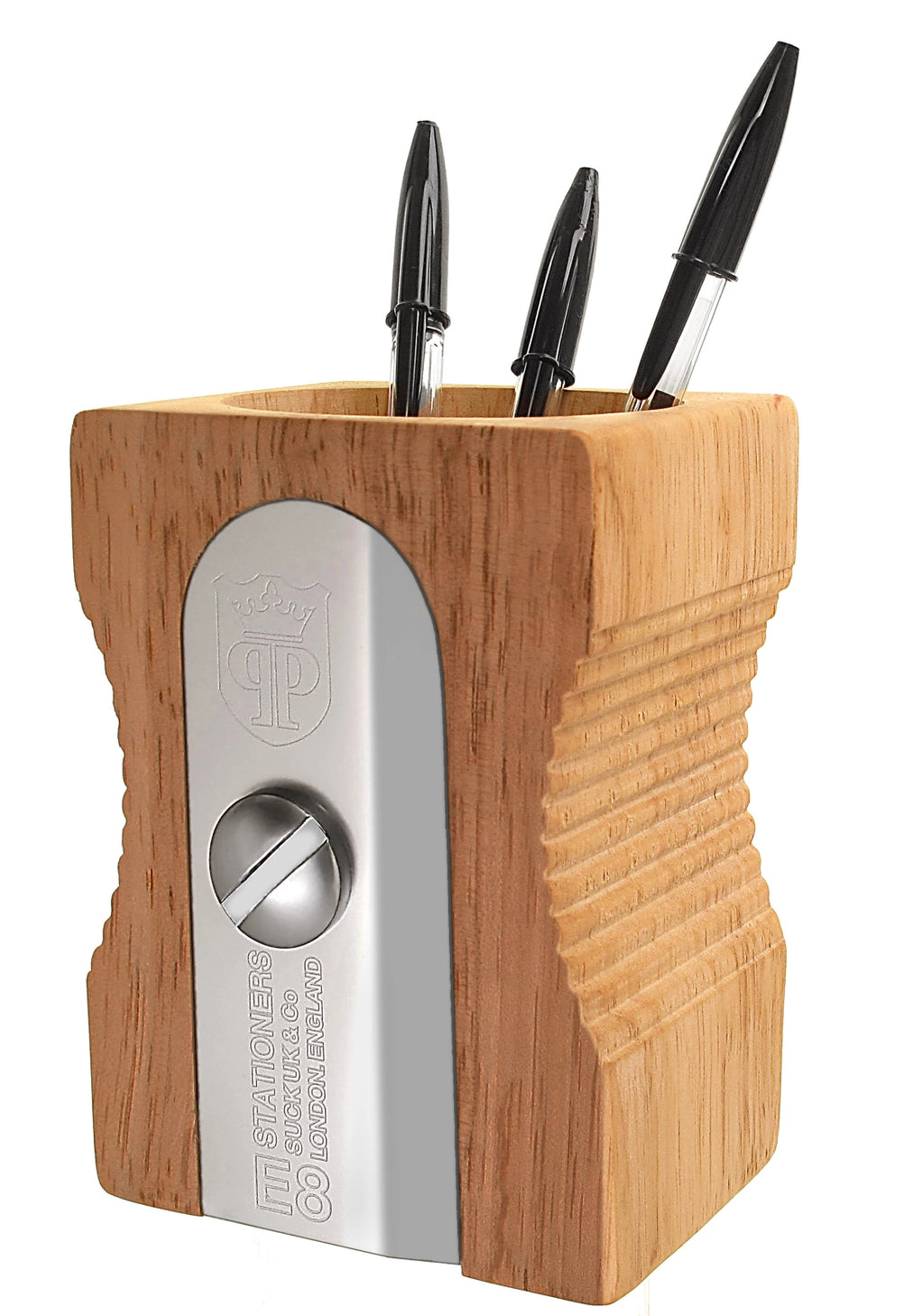 Giant pencil sharpener stationary organizer and pen pot/holder - perfect for organizing your desk at the office, in the classroom or at home. This smart and original product design keeps desks in prime working condition.

Made from extra-strong material: sustainable Rubber wood and silver stainless steel, it’s an elegant and classic design that is instantly recognizable.