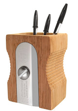 Giant pencil sharpener stationary organizer and pen pot/holder - perfect for organizing your desk at the office, in the classroom or at home. This smart and original product design keeps desks in prime working condition.

Made from extra-strong material: sustainable Rubber wood and silver stainless steel, it’s an elegant and classic design that is instantly recognizable.