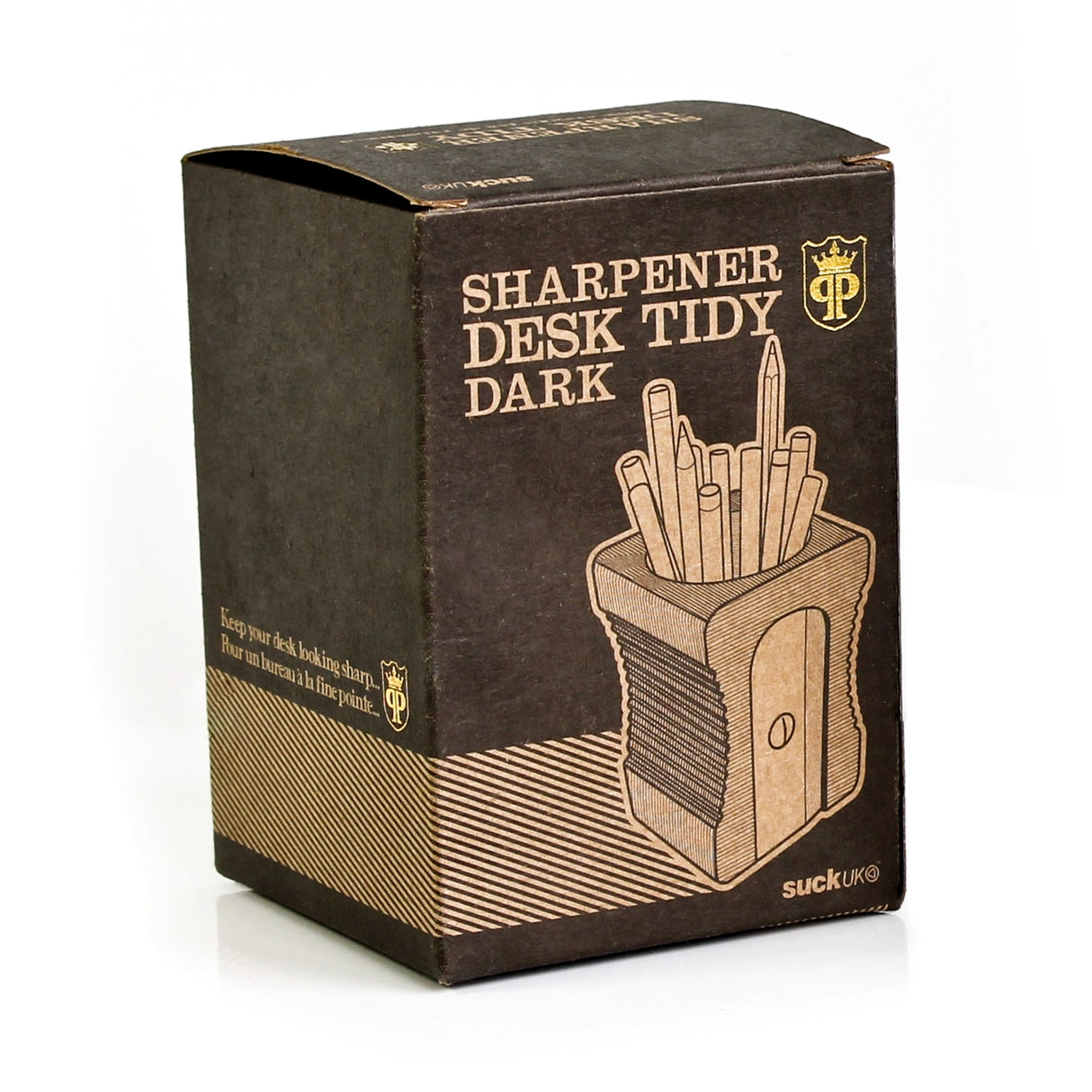 Hugely iconic and instantly recognizable, a design classic desk-tidy. This simple pencil-pot will keep your pencils, pens and desk top clutter looking sharper than the usual dull desk accessory. The "Double" features an extra space for paper-clips and smaller accessories. The "Dark" has a gold plated blade.