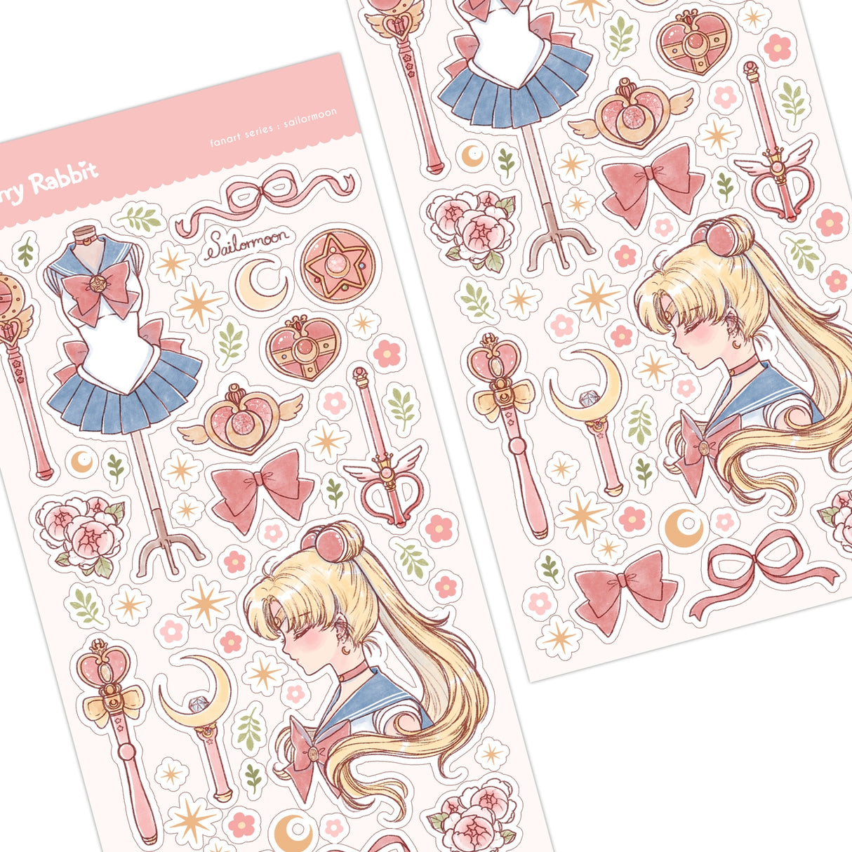 Sticker sheets featuring Sailor Moon characters and items on a white background
