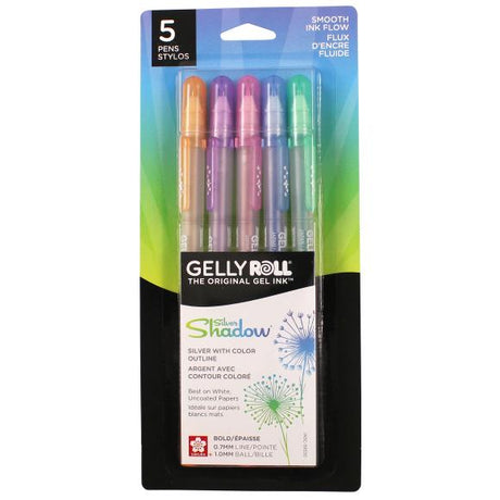SAKURA-Silver Shadow Metallic Pens. When an occasion or note requires that extra something special-use silver shadow for that quick and easy WOW! effect. These incredible gel ink pens write in metallic silver and automatically creates a brilliant colored border as you write! Create a piece of art with every stroke! Dress up your words or signature by choosing from the 5 contrasting border colors: orange, pink, green, blue, and purple. Add excitement in your notes, cards, and invitations.