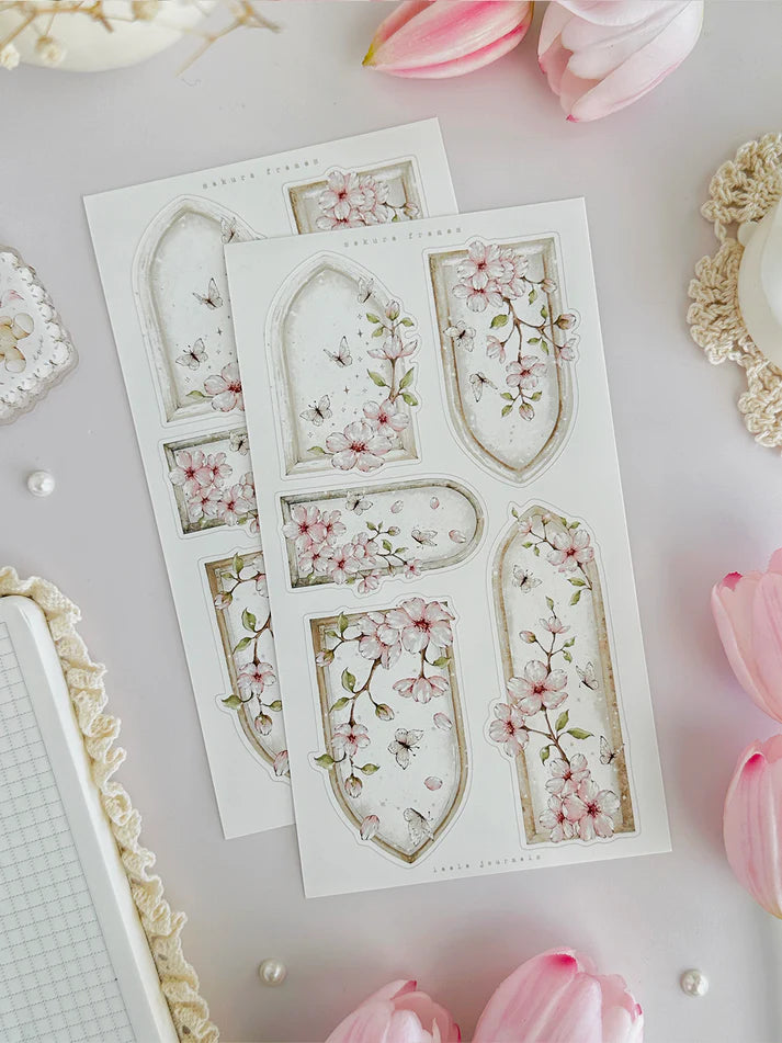 leelajournals Sakura Florals, Frames & Labels Sticker Sheet - 3pc set