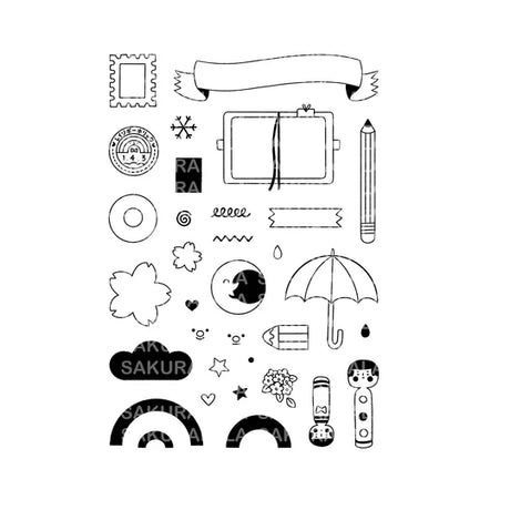 A clear stamp created in collaboration with Rainbowholic "Kawaii Journaling". Rainbowholic rainbows, Sakuralala cherry blossoms, notebooks and pencils, stamps and labels... It is packed with stamps that will be a cute accent for your notebook or journal. Please try to make a cute journal!