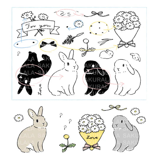 This collaboration with Moriyama, who has a wonderful shop in Ota Ward, Tokyo, and Shiko Moriyama, an illustrator who draws adorable rabbits.

"Fluffy Greetings" is a clear stamp that allows you to make rabbit cards. Since it is a large stamp, it can be printed in a notebook or journal as a cute accent. The stamps of the two large rabbits are divided into a base outline stamp and a coloring stamp that serves as a pattern.