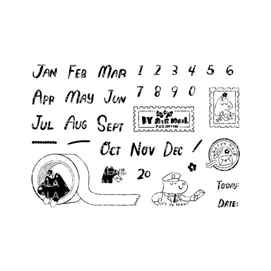 A clear stamp created in collaboration with Paper Plant Co. "Vincent's Months + Numbers". This is a set of date and number stamps that are easy to use in your notebook. You can use it as you like, such as stamping the date on the masking tape pattern to make a label, or decorating envelopes and postcards with cut-out handles and postman stamps.