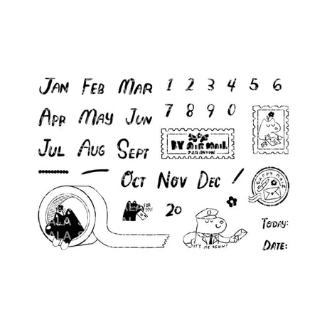 A clear stamp created in collaboration with Paper Plant Co. "Vincent's Months + Numbers". This is a set of date and number stamps that are easy to use in your notebook. You can use it as you like, such as stamping the date on the masking tape pattern to make a label, or decorating envelopes and postcards with cut-out handles and postman stamps.