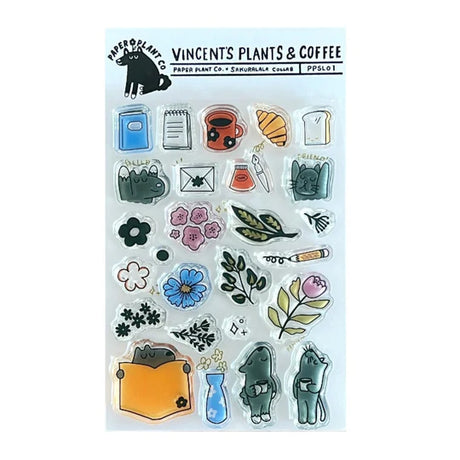 Clear stamp "Vincent's Plants & Coffee" was created in collaboration with Paper Plant Co. This stamp set can be enjoyed in a variety of ways, such as stamping the mascot characters Vincent and Coffee Cat to hold notebooks, coffee, bread, etc., or making a colorful flower bag ground.