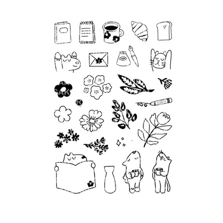 Clear stamp "Vincent's Plants & Coffee" was created in collaboration with Paper Plant Co. This stamp set can be enjoyed in a variety of ways, such as stamping the mascot characters Vincent and Coffee Cat to hold notebooks, coffee, bread, etc., or making a colorful flower bag ground.