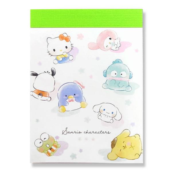 Mini memo pad featuring Sanrio characters including Hello Kitty, Cinnamoroll, Keroppi, Kuromi, My Melody, Pompompurin, Pochacco, Badtz-Maru, Tuxedo Sam, Pekkle and Hangyodon!