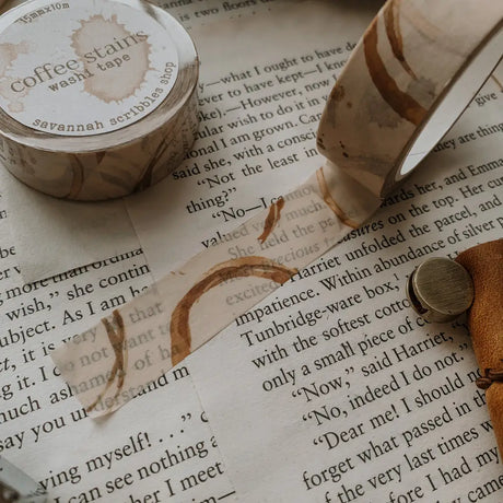 Washi tape with coffee stains made for journaling, scrapbooking, &amp; planning!

removable but not waterproof
15mm x 10m

color may vary slightly from your monitor
made in-house and handled with cozy care