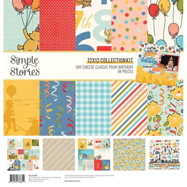 Say Cheese Classic Pooh Birthday Collection Kit includes six double-sided 12x12 Designer Cardstock sheets, including cut-apart Element Sheets and a 12x12 Cardstock Sticker Sheet. These cute papers and stickers can be used for scrapbooking, card making, journaling, photo albums, tags, and other paper crafting projects made with this collection.