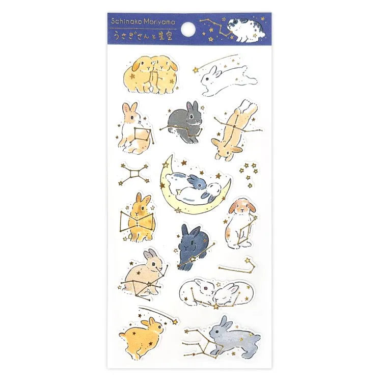 Schinako Moriyama Rabbits and Starry Sky Sticker Sheet

A sticker sheet with golden touches featuring rabbits surrounded in stars and constellations is here to add both adorable and elegant touches to your journal pages ♪