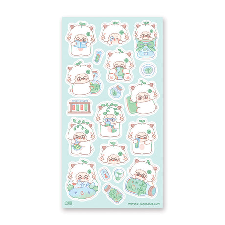 STICKII Science Sheep Sticker Sheet Sheet of cute cartoon character stickers on a light blue background