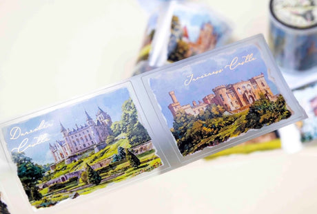 A stunning decorative tape featuring iconic Scottish landscapes in intricate detail. The glossy finish adds a sophisticated shine, perfect for infusing your creative projects with moody charm. This 5cm x 5m tape comes with a 100cm loop, foiled accents, and pre-cut for easy use.