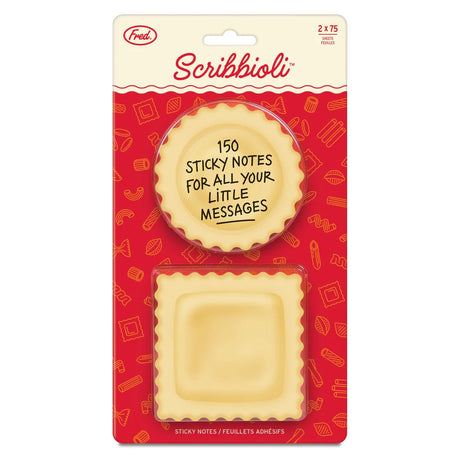 Pasta-bly the cutest sticky notes ever.

Stick a fork in your to-do list—Fred’s Scribbioli is served! These ravioli-shaped sticky notes are stuffed with charm and perfect for bite-sized reminders or saucy little love notes. Each set includes two pads with 75 sheets each and comes packed in a gift-ready backer card.