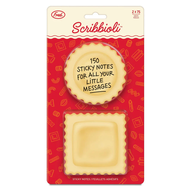 Pasta-bly the cutest sticky notes ever.

Stick a fork in your to-do list—Fred’s Scribbioli is served! These ravioli-shaped sticky notes are stuffed with charm and perfect for bite-sized reminders or saucy little love notes. Each set includes two pads with 75 sheets each and comes packed in a gift-ready backer card.