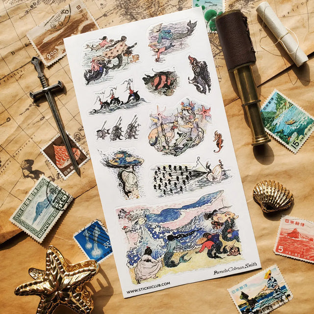 🌊 Filled with mermaids, seaside creatures, curling waves, and little oceanic wonders, this sheet feels like a page from an old maritime storybook. Each piece has a whimsical antique charm, bringing together the mystery, beauty, and folklore of the sea in one lovely collection.