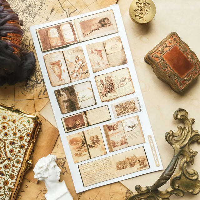 ✒️📖 Step into the pages of time, where weathered journals hold sketches of distant cities, curious inventions, and moments of observation. From studies of animals to architectural wonders and ancient landscapes, this collection reads like an artist’s traveling journals, filled with observations, experiments, and stories sketched along the way.