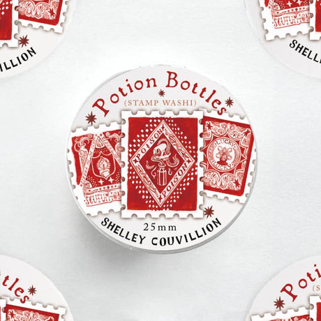 Every witch knows there's a potion for just about everything... This monochromatic red washi tape is filled with charming little potion bottles, each one labeled with its own magical purpose.