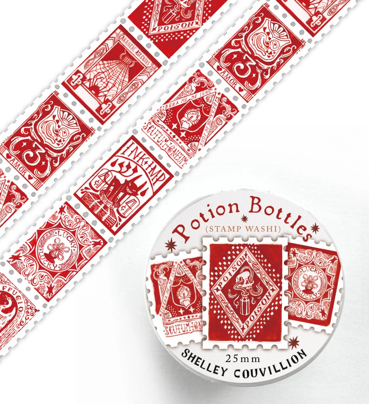 Every witch knows there's a potion for just about everything... This monochromatic red washi tape is filled with charming little potion bottles, each one labeled with its own magical purpose.