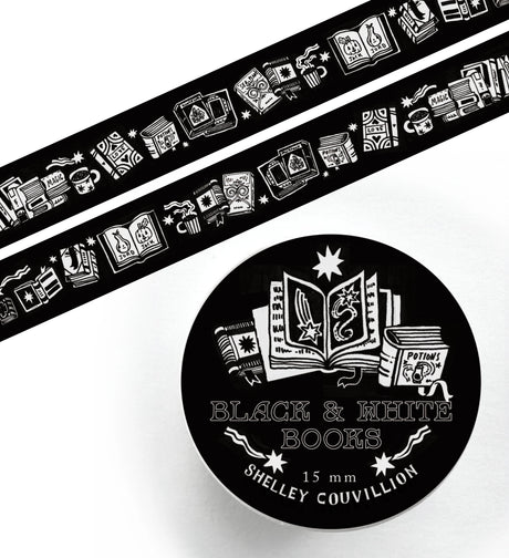 Add a little literary charm to your journaling with this Black and White Books Washi Tape.