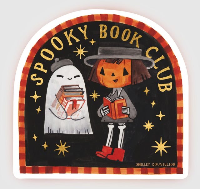 Based on the patch, I repainted this design with Pumpkin and Spice sharing a book club moment. They really can't get enough of scary stories just like me (Just like you?) The gold bits are shiny and this sticker is perfect for book lovers even if they don't read horror. 🎃👻

Vinyl and water resistant, looks great on water-bottles or notebooks or laptops. This Sticker is quite large.&nbsp;

3 inches square.&nbsp;