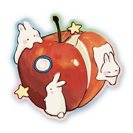 A sticker of adorable bunnies hopping around an apple!

Dishwasher safe
Size: 2.5” x 2.7”
Soft matte vinyl