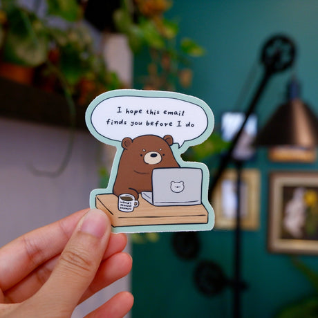 Corporate bear sticker.

Dishwasher safe
Size: ~2.7''
Soft matte vinyl