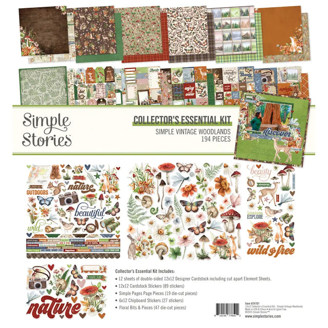 Simple vintage woodlands - collectors essentials kit 12 sheets of double-sided 12x12 designer cardstock including cut apart journal, tags and element sheets and a 12x12 cardstock sticker sheet (89), floral bits (47), 6x12 chipboard (27), page pieces (19); 194 pieces