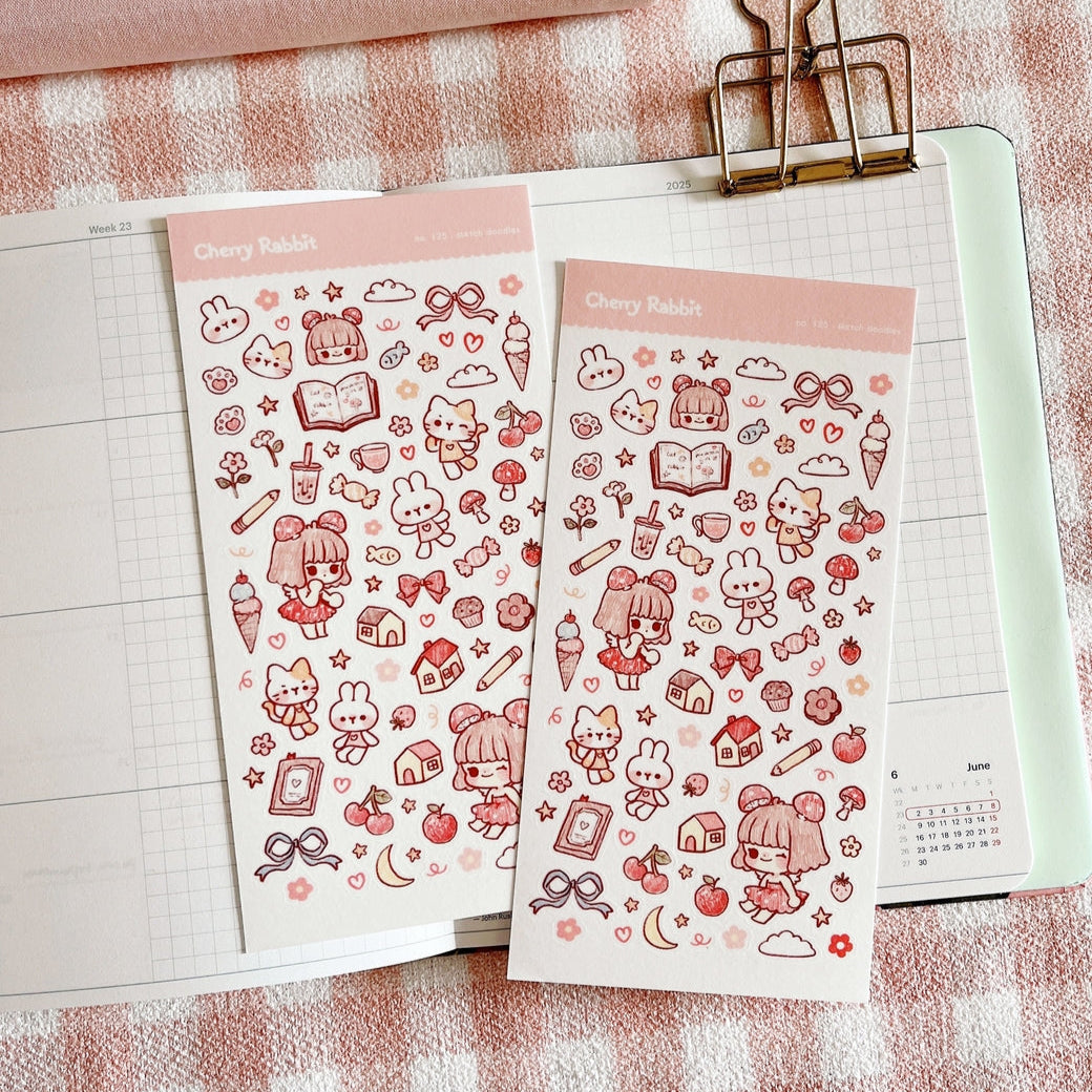 Cherry Rabbit Sketch Doodles Sticker Sheet