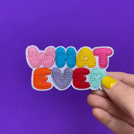 Whatever :P

Embroidered patch
Iron on backing
3.5" x 1.75"
Packaged in a cellophane hanging bag
Recycled kraft paper backing card
Application instructions are included on the back side of packaging
Designed in Knoxville, TN, produced in China