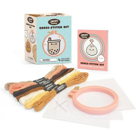 Smoko characters have never been cuter! This mini kit includes everything you need to create 4 x 4 inch embroidered cross-stitch crafts. Includes everything you need to make 3 projects including a 3-inch embroidery hoop in which to stitch and display designs, 2 tapestry needles, 7 skeins of embroidery floss, and 3 pieces of 4 x 4 inch cotton Aida cloth. Fully illustrated mini book (2-1/2 x 3 inches) with simple cross-stitching instructions and 4 easy patterns (Barry Toast, Lil B Dumpling, Tayto Potato, Pear