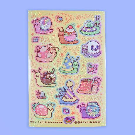 🐢 Our Kiss Cut Sticker Sheets are 4 inches by 6 inches and include one (1) sheet per package, with 10 to 20 individual waterproof, stickers on each.&nbsp;

🐢 Each sheet is enclosed in a sleeve with an art backing card and are retail-ready!

🐢 Stick them on water bottles, laptops, cars, coolers, helmets, skateboards, or just about any flat surface you can think of.&nbsp;