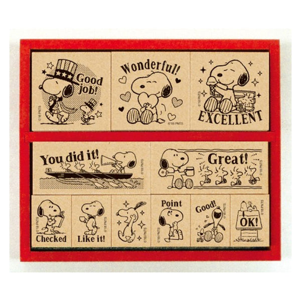 Snoopy Reward Rubber Stamp Set includes 11 stamps with praises and compliments.