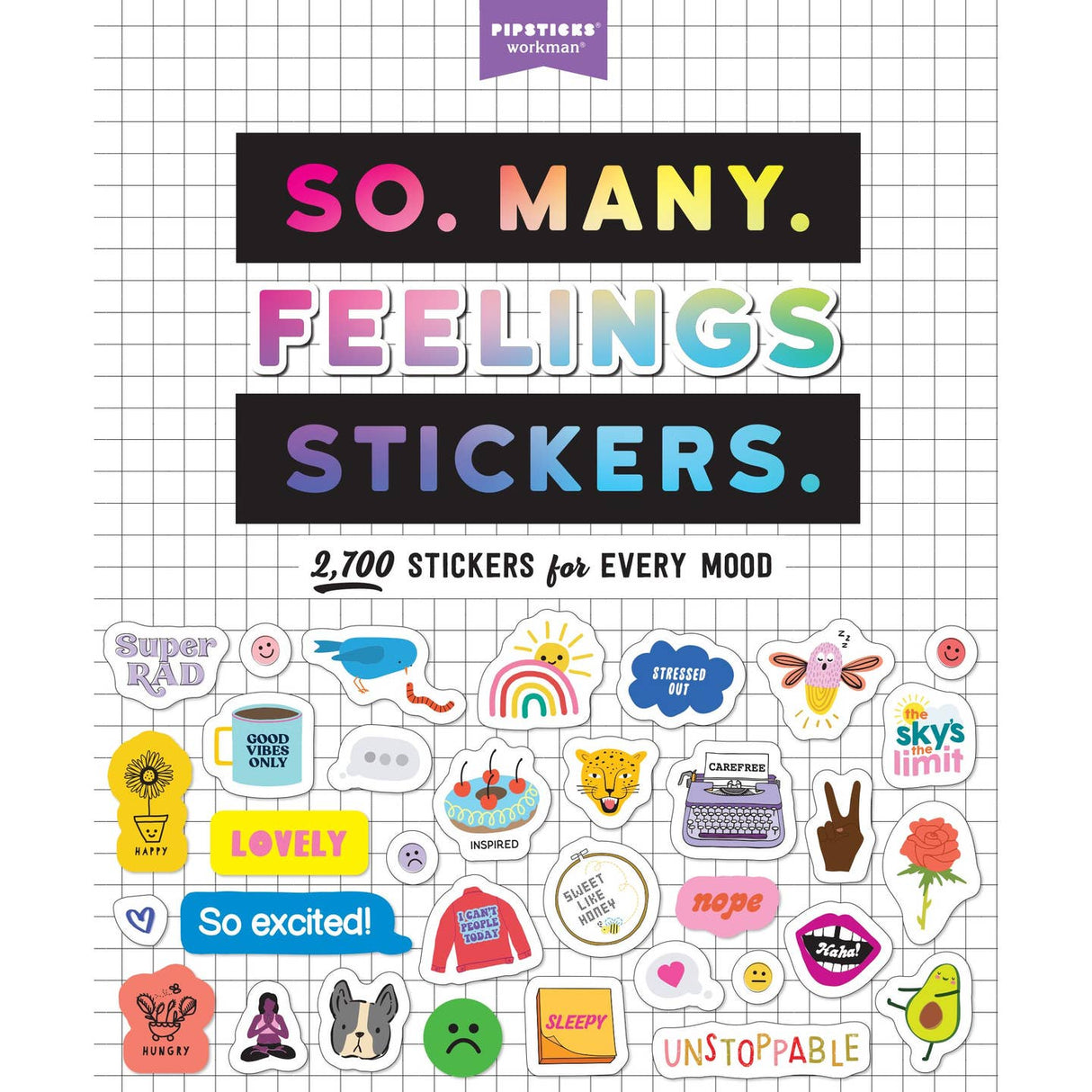So. Many. Feelings Stickers. Pipsticks Sticker Book Sticker book cover with colorful text and various stickers on a grid background