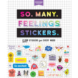 So. Many. Feelings Stickers. Pipsticks Sticker Book Sticker book cover with colorful text and various stickers on a grid background
