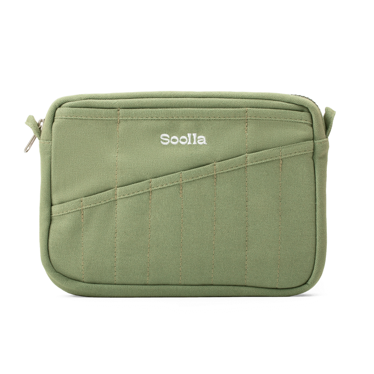 Features &amp; Specs

Front layout: 8 slanted pockets + 3 directly behind
Interior: Main compartment fits an A5 notebook; two open compartments on each wall
Back panel: 3 wide exterior pockets + one full-length slip pocket&nbsp;
Quick-drying duck canvas — sturdy, breathable, and machine-washable
Convertible design — hooks for your own strap or a Soolla strap (coming soon)&nbsp;
Structured silhouette — holds its shape even when lightly packed
Full-width YKK zipper — smooth and durable
Compact profile — fits 