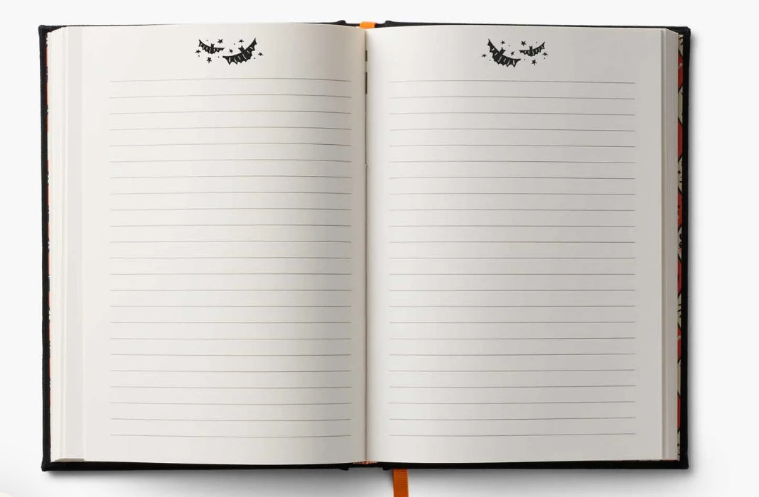 With Halloween embroidery on a corduroy cover, this journal features 400 lined pages and a grosgrain ribbon bookmark to save your place