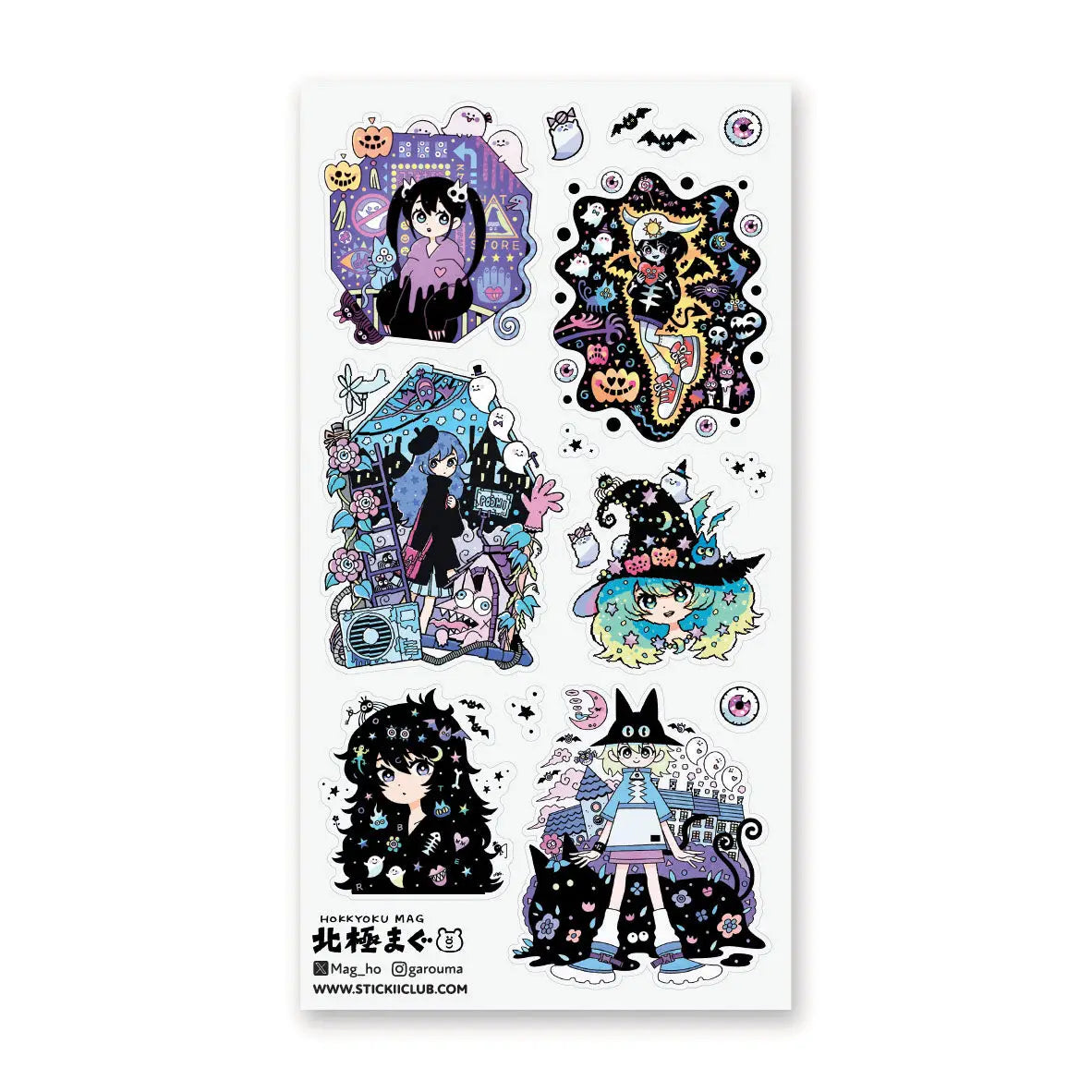 🖤🦇 Enter a neon-lit spooky dreamscape with @garouma’s wickedly cool spooky girls! From star-speckled witches and ghostly companions to cosmic cityscapes, floating eyeballs, and spellbound streets, this sheet blends cute, creepy, and ultra-stylish vibes into one magical sheet. These girls are ready to cast glittering spells, wander haunted neighborhoods, and turn spooky season into a full-on aesthetic adventure.

Art by: @garouma

Top Coating: None
Adhesive Layer: Paper
Backing Layer: Clear PET
6.69" x 3.5