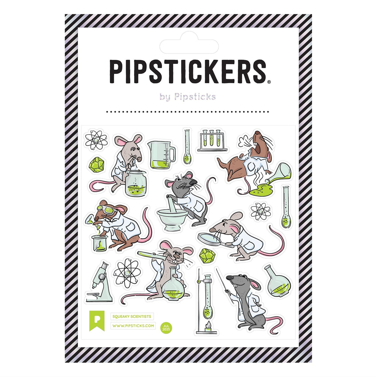 PipStickers are the PERFECT gift for the sticker lover in your life - even if it's you! These unique PVC designs with holographic silver foil accents come on a clear backing and cannot be found anywhere else.

Includes one 4" x 4" sheet of Squeaky Scientists PipStickers and includes the Pipsticks manifesto.