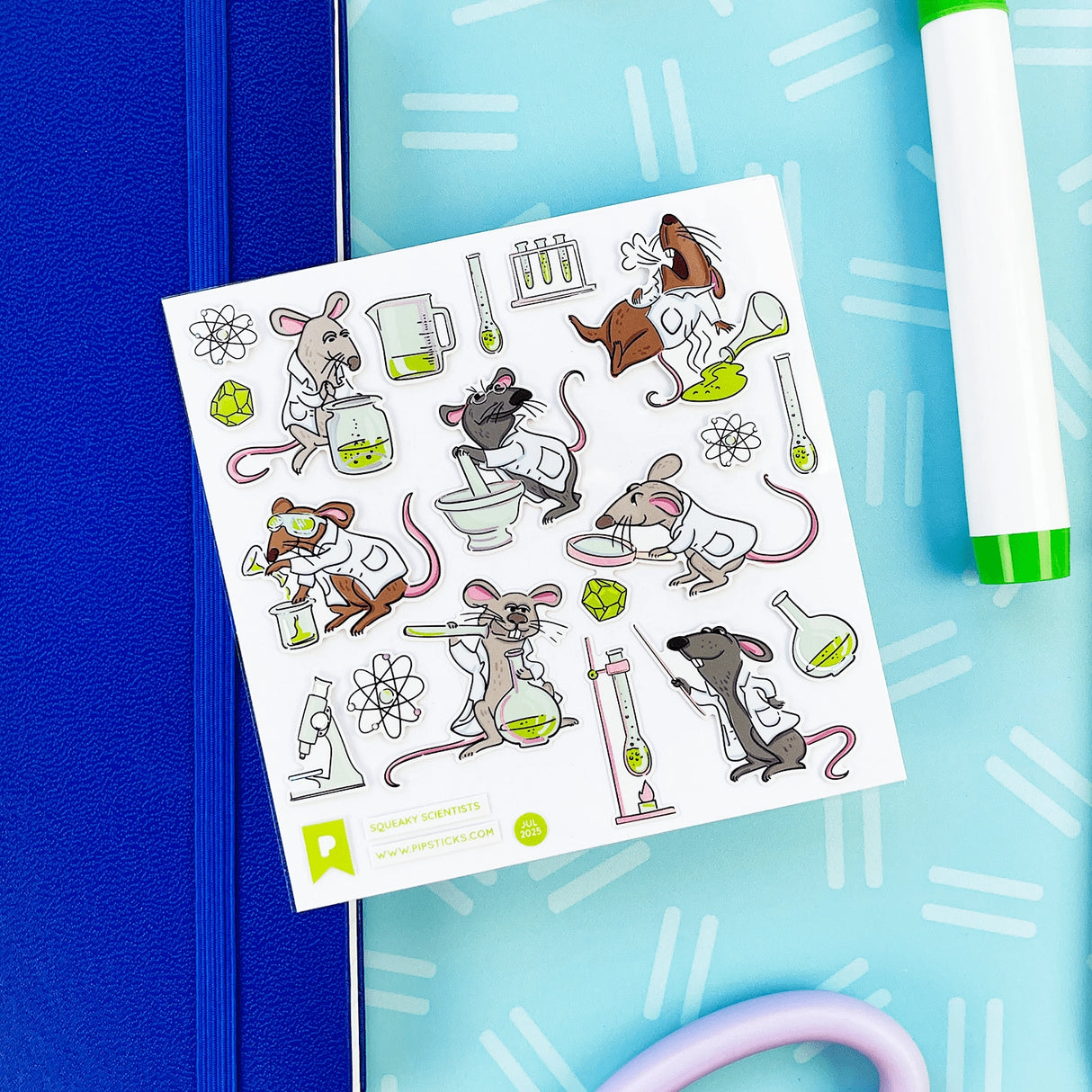 PipStickers are the PERFECT gift for the sticker lover in your life - even if it's you! These unique PVC designs with holographic silver foil accents come on a clear backing and cannot be found anywhere else.

Includes one 4" x 4" sheet of Squeaky Scientists PipStickers and includes the Pipsticks manifesto.