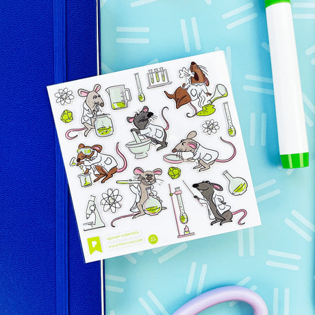 PipStickers are the PERFECT gift for the sticker lover in your life - even if it's you! These unique PVC designs with holographic silver foil accents come on a clear backing and cannot be found anywhere else.

Includes one 4" x 4" sheet of Squeaky Scientists PipStickers and includes the Pipsticks manifesto.