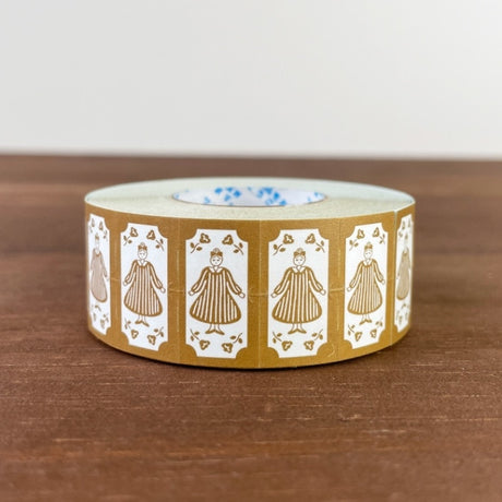 Stamp Marche Label Sticker Roll - Maru-chan Retro Brown Roll of decorative tape with printed design on a wooden surface