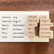 Stamp Marche Planner Wooden Stamp Set - Months

Add a touch of charm and structure to your planning with this weekday wooden stamp set. Perfect for journals, planners, calendars, and creative projects, these stamps make it easy to mark days of the week with a neat, consistent look. Whether you're organizing schedules, creating weekly spreads, or decorating your planner, this set adds both function and personality to your routine.

Made in Japan with high‑quality wood and rubber, it delivers crisp impression
